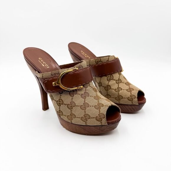 Gucci GG Canvas Horsebit Clogs Supreme Tan Wooden Mules EU 38 US 8 - Picture 1 of 5